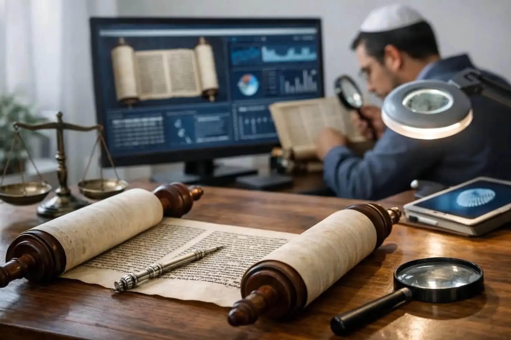 Torah research workspace with scrolls, reference tools, and digital analysis